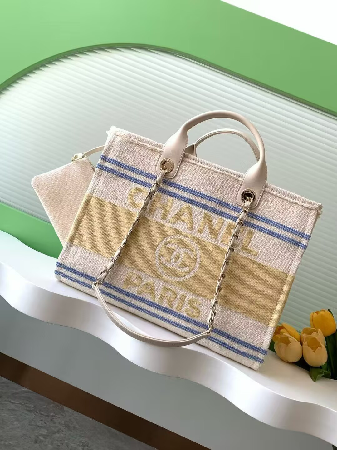 Ch*el shopping bag cotton canvas & gold-tone metal 34x27x16cm