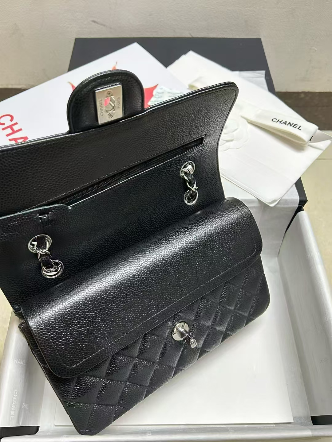 Ch*el small classic handbag grained calfskin & silver-tone metal black 5.7 × 9 × 2.3 in