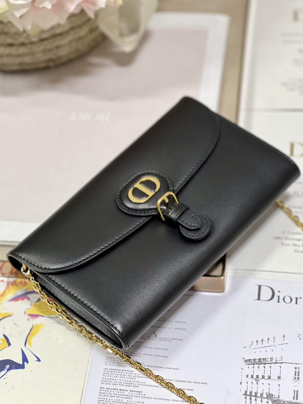 D*or bobby east-west pouch with chain latte smooth calfskin black