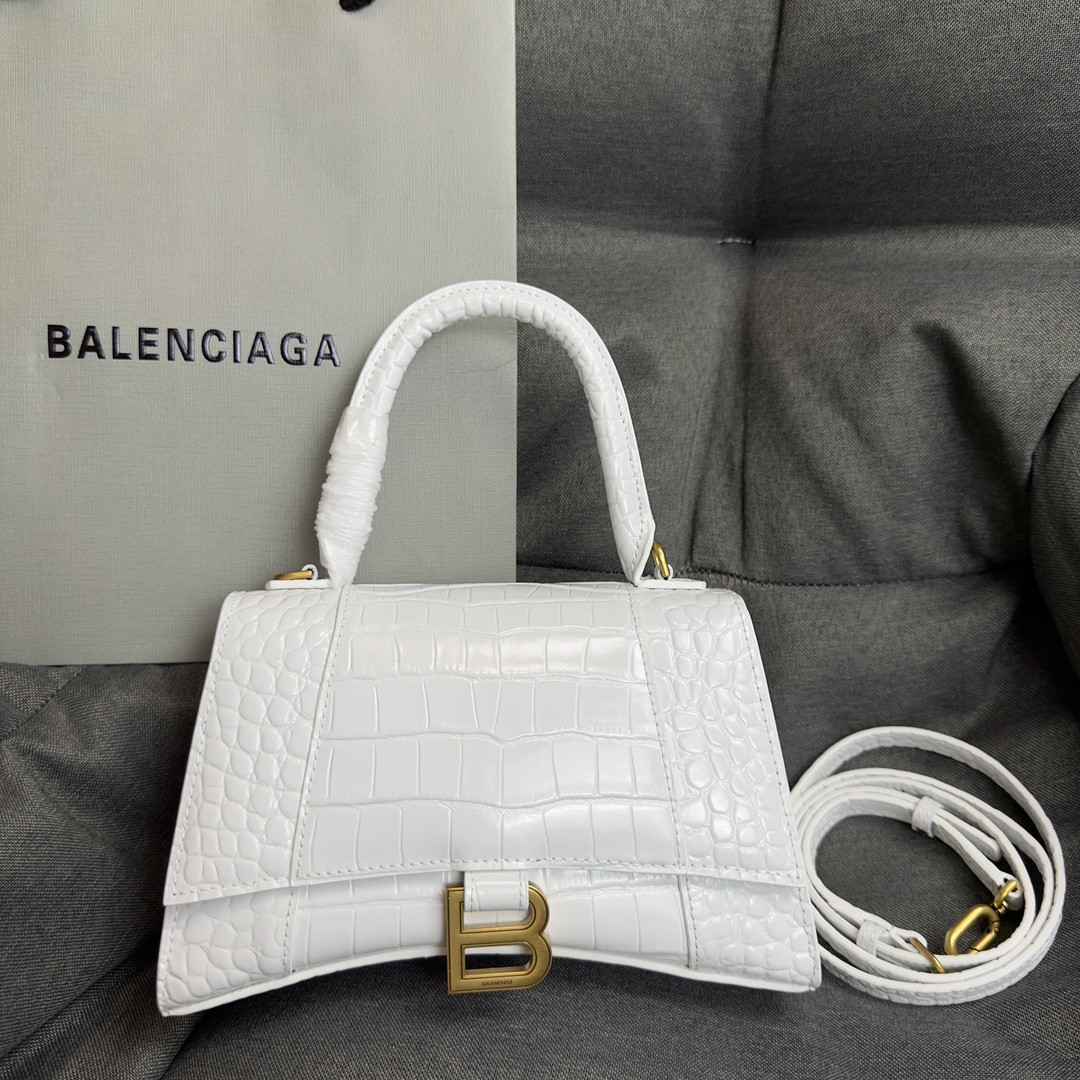 Ba*len*cia*ga women's hourglass small handbag crocodile embossed in white with gold hardware l9 x h5.5 x w3.9 inch