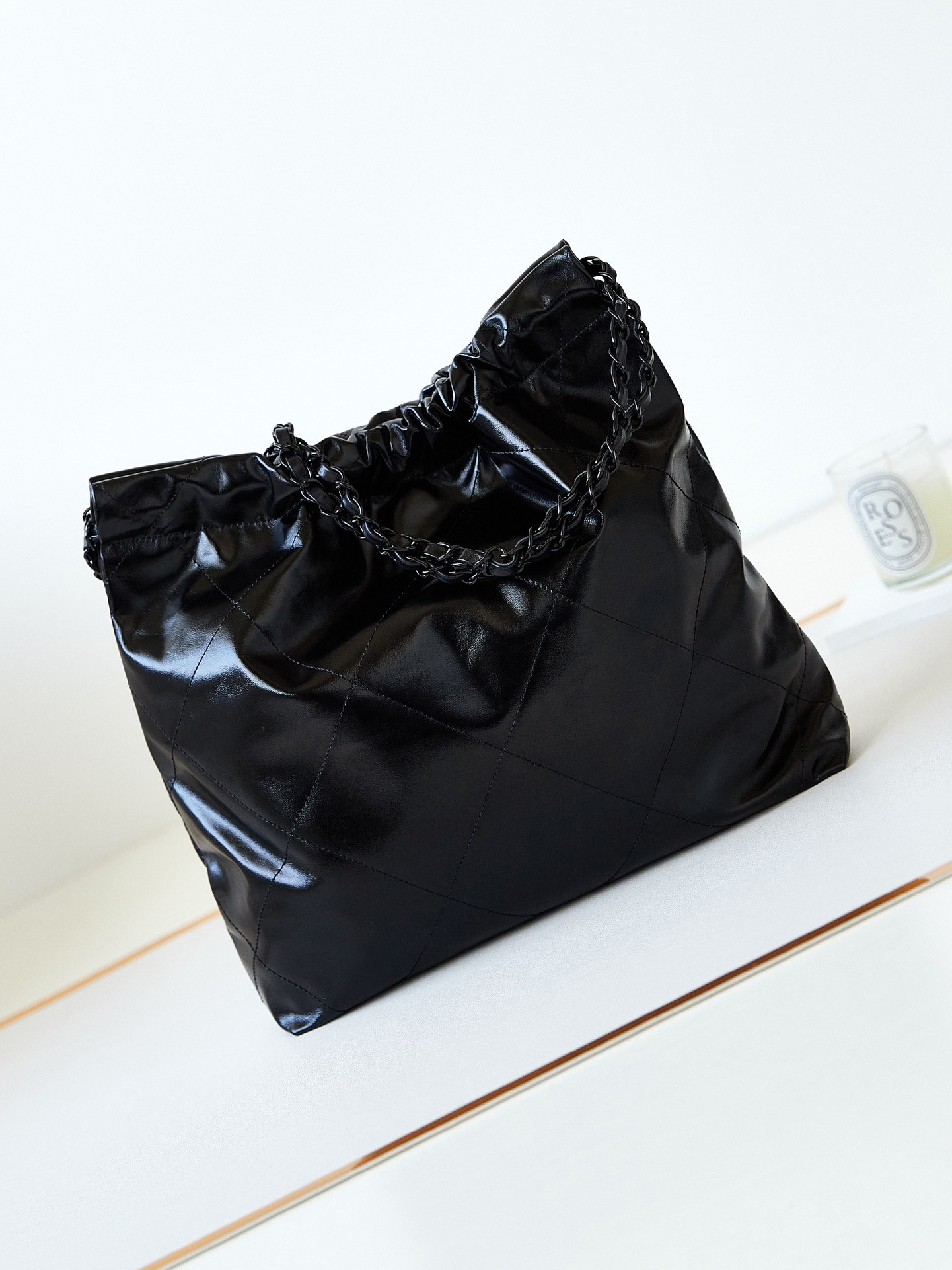 Ch*el 22 small handbag shiny calfskin all black 13.7×14.4×2.7 in