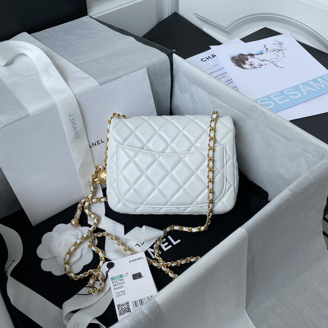 Ch*el mini flap bag shiny calfskin & gold-tone metal white 5.3 × 6.6 × 3.1 in