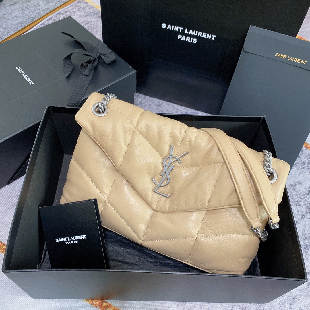 Y*L puffer small in nappa leather beige silver 11.4 x 6.6 x 4.3 inches