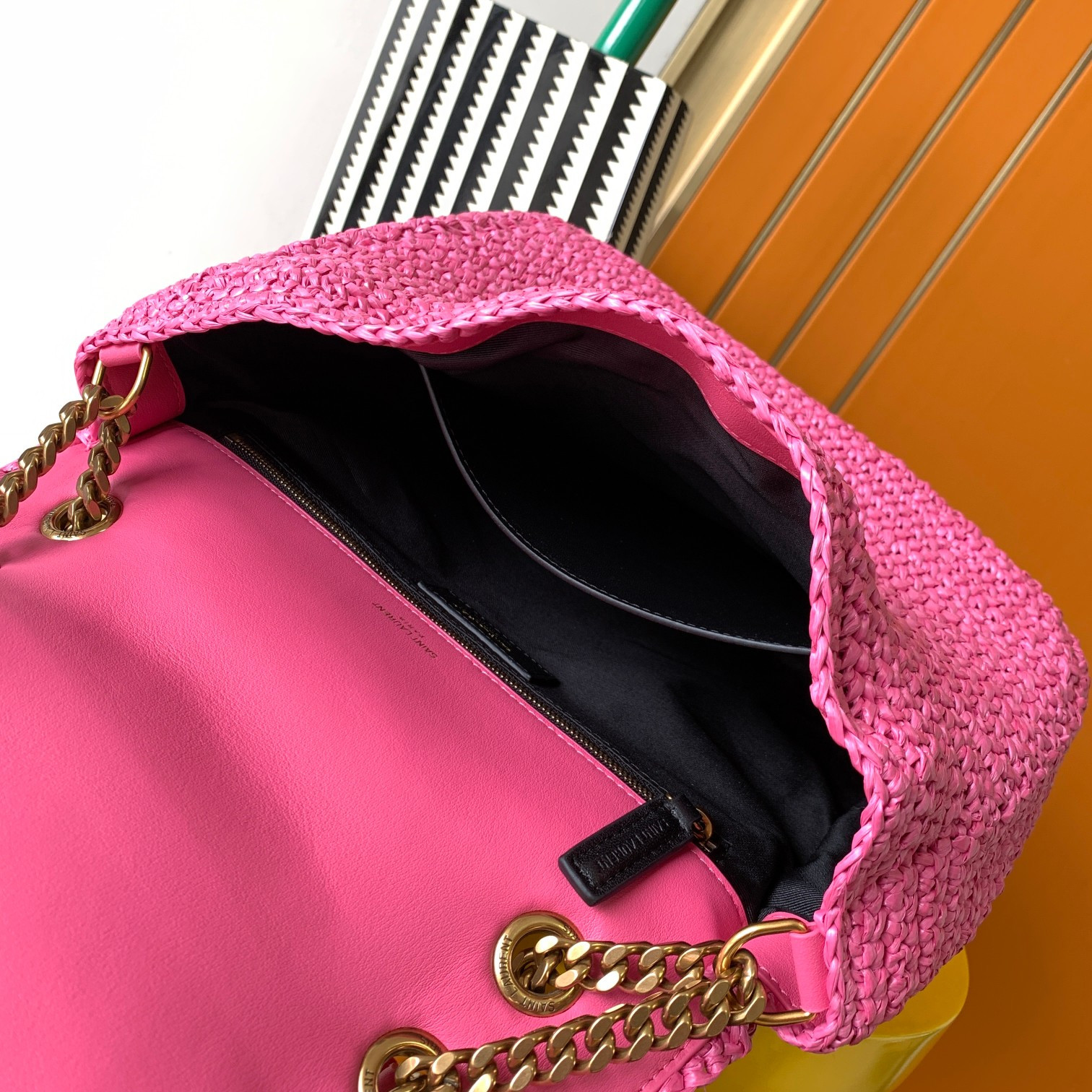 Y*L niki medium chain bag in raffia and leather 11 x 7.8 x 3.3 inches