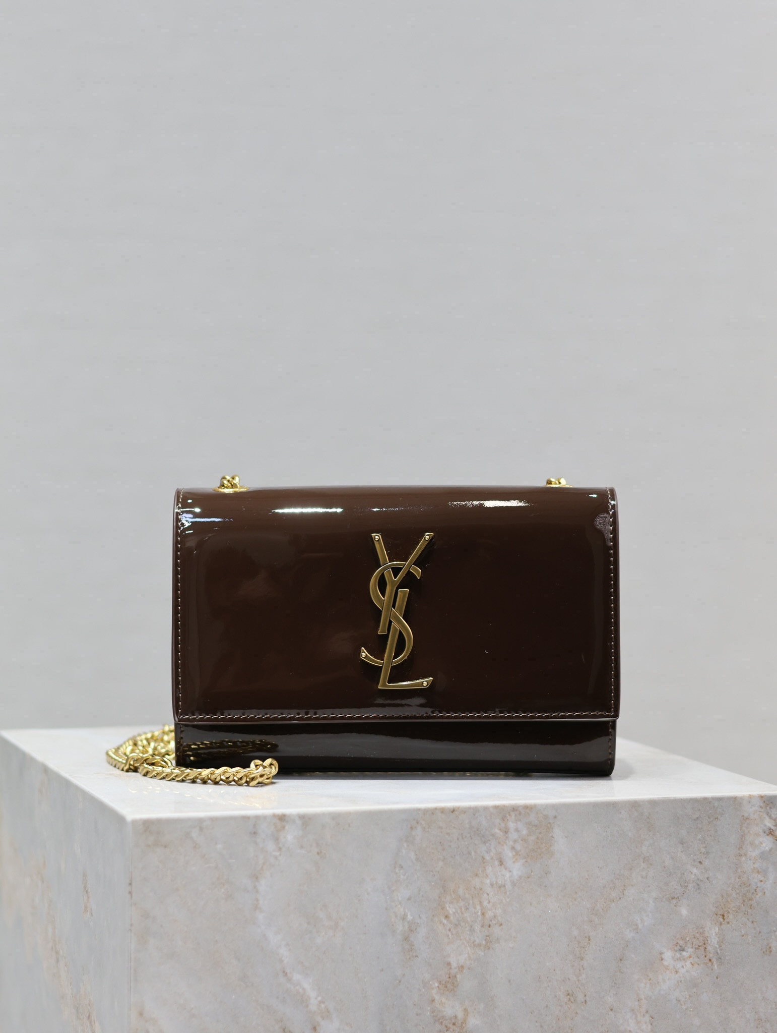 Y*L kate small in shiny leather coffee 7.8 x 4.9 x 1.9 inches