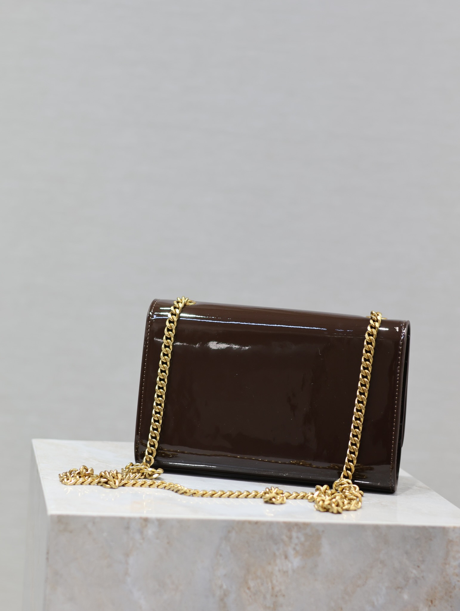 Y*L kate small in shiny leather coffee 7.8 x 4.9 x 1.9 inches