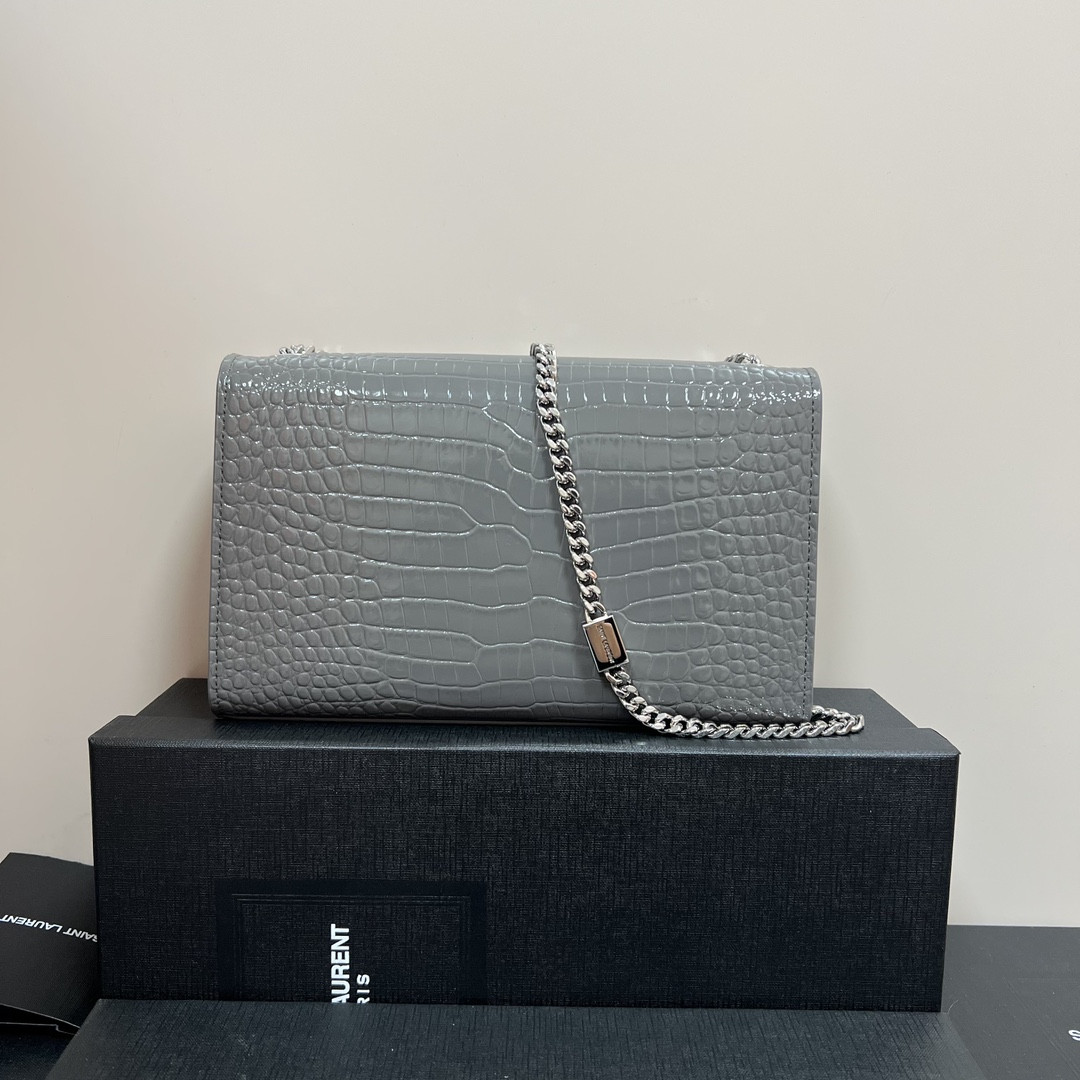 Y*L kate medium tassel in crocodile-embossed leather gray 9.4 x 5.7 x 2.1 inches