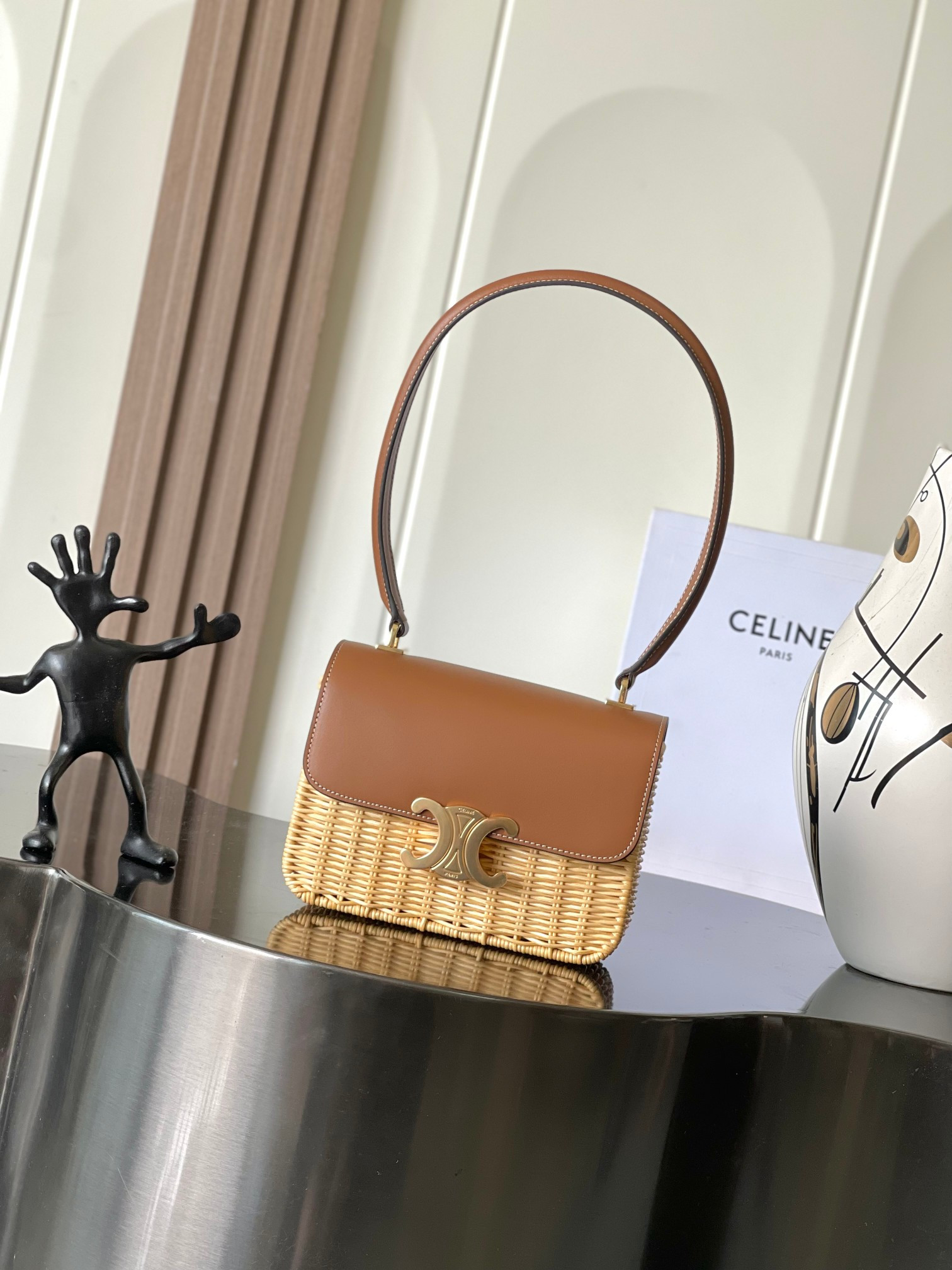 Ce**e teen garance bag in wicker and natural calfskin 18.5x13.5x7cm